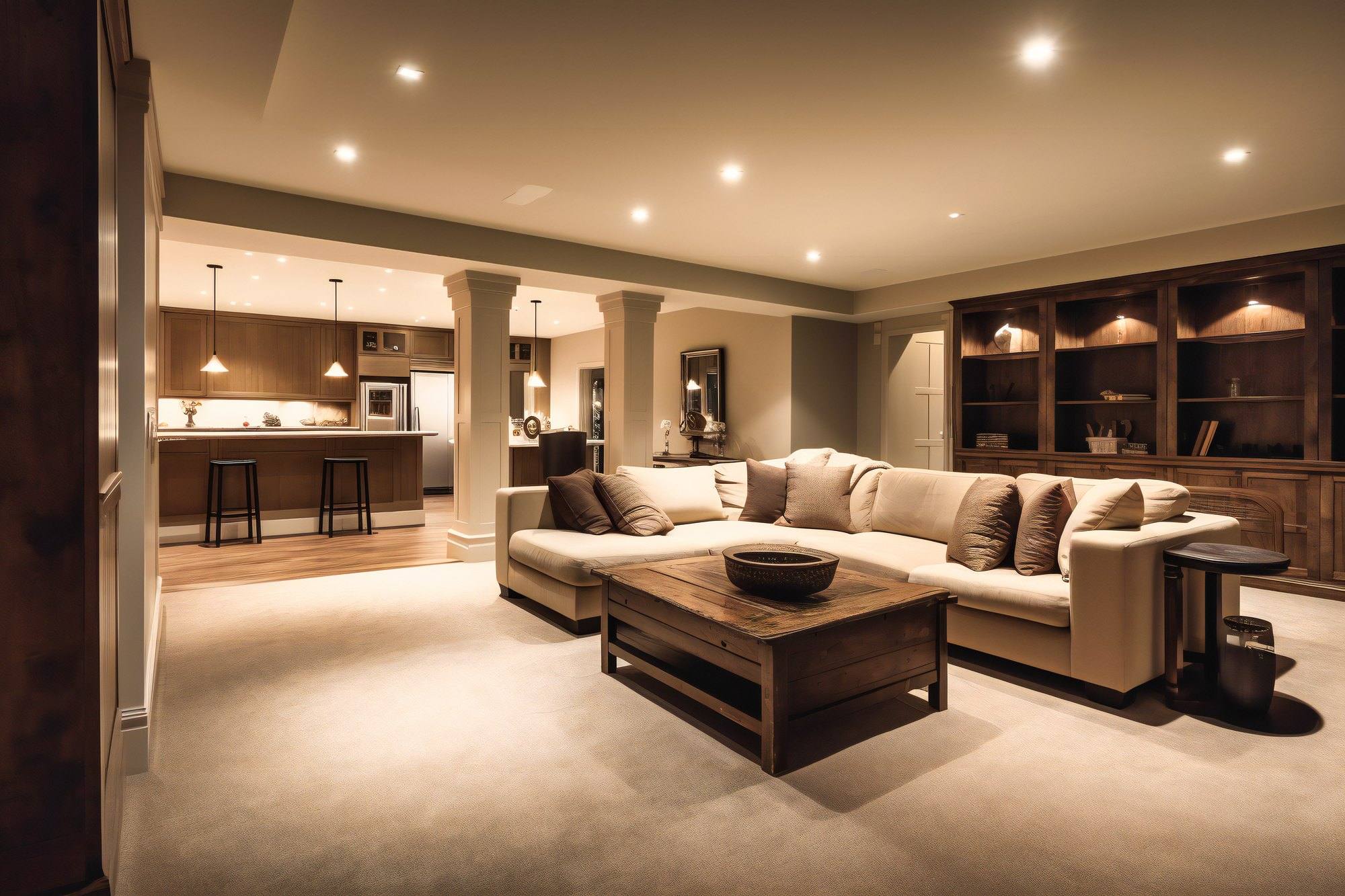 A finished basement with a sectional sofa, a kitchenette and recessed ceiling lights