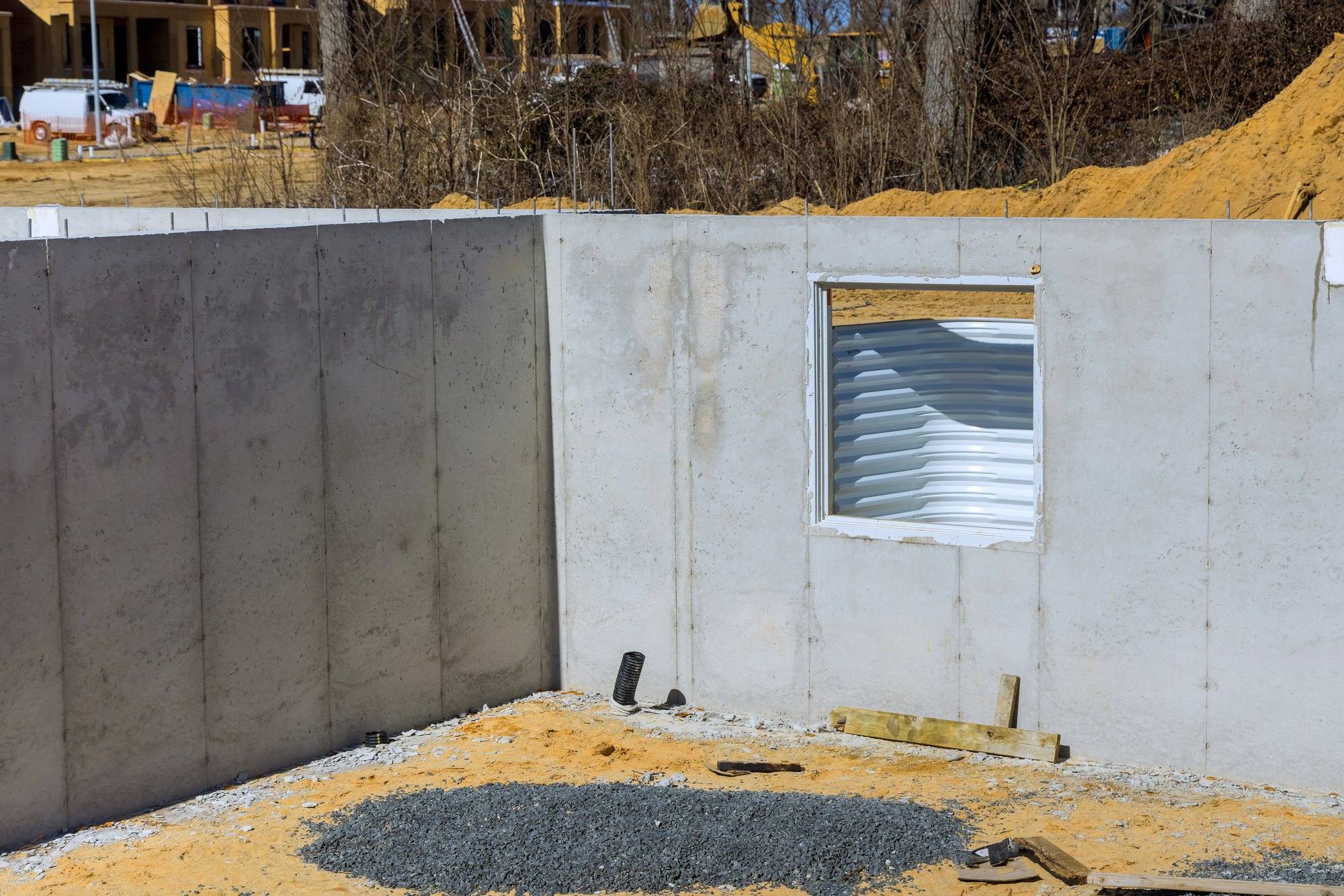 A newly poured concrete foundation with an opening for a basement window