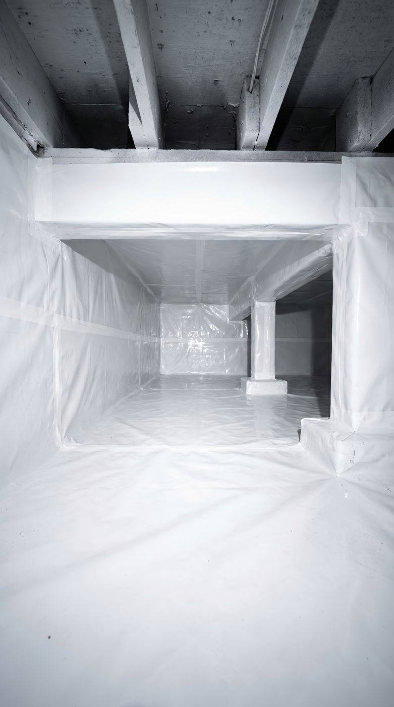White plastic vapor barrier laid over the ground of a crawl space