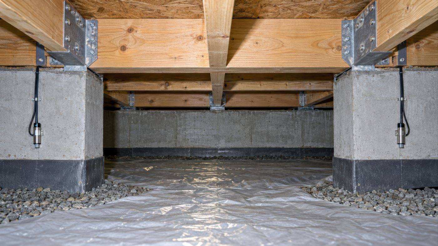 A crawl space under a house, with wood floor joists, block piers and a plastic ground cover