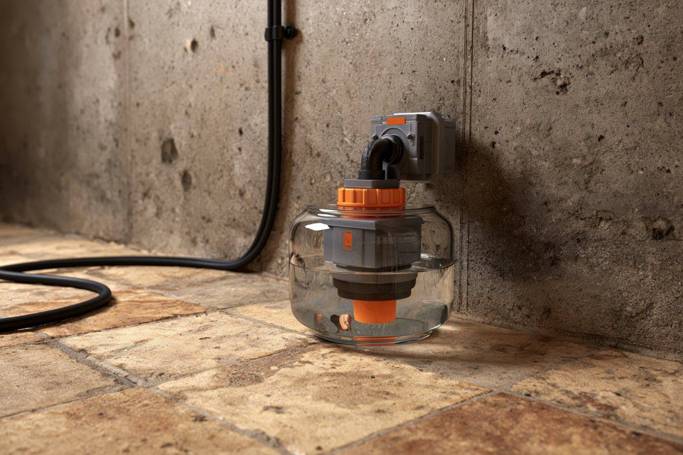 A basement pump with a float switch next to a concrete wall