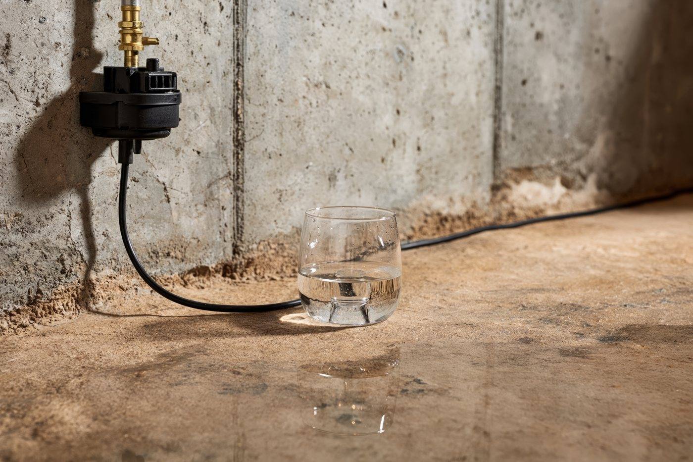 A sump pump float switch being tested with a cup of water on a basement floor